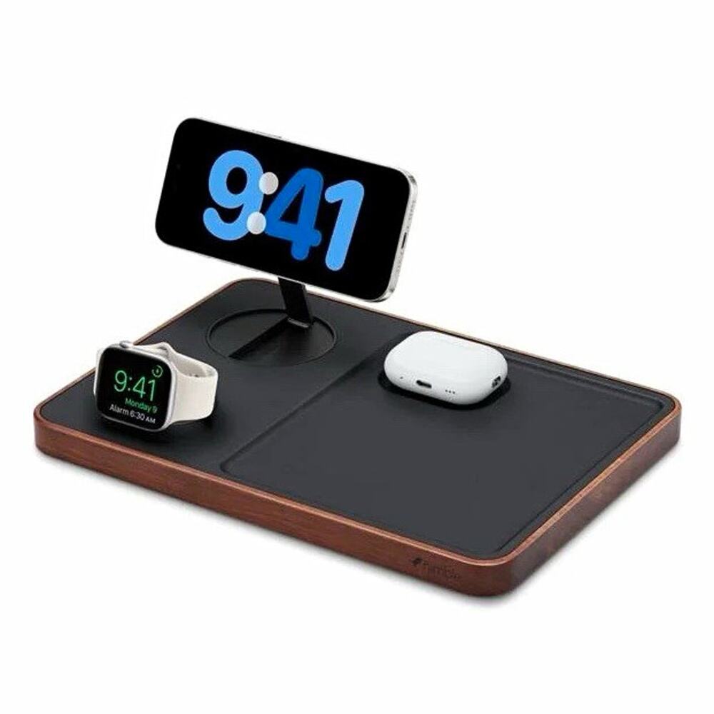 nimble 3-in-1 MagSafe Wireless Charging Stand, Wood Base, Black for Apple